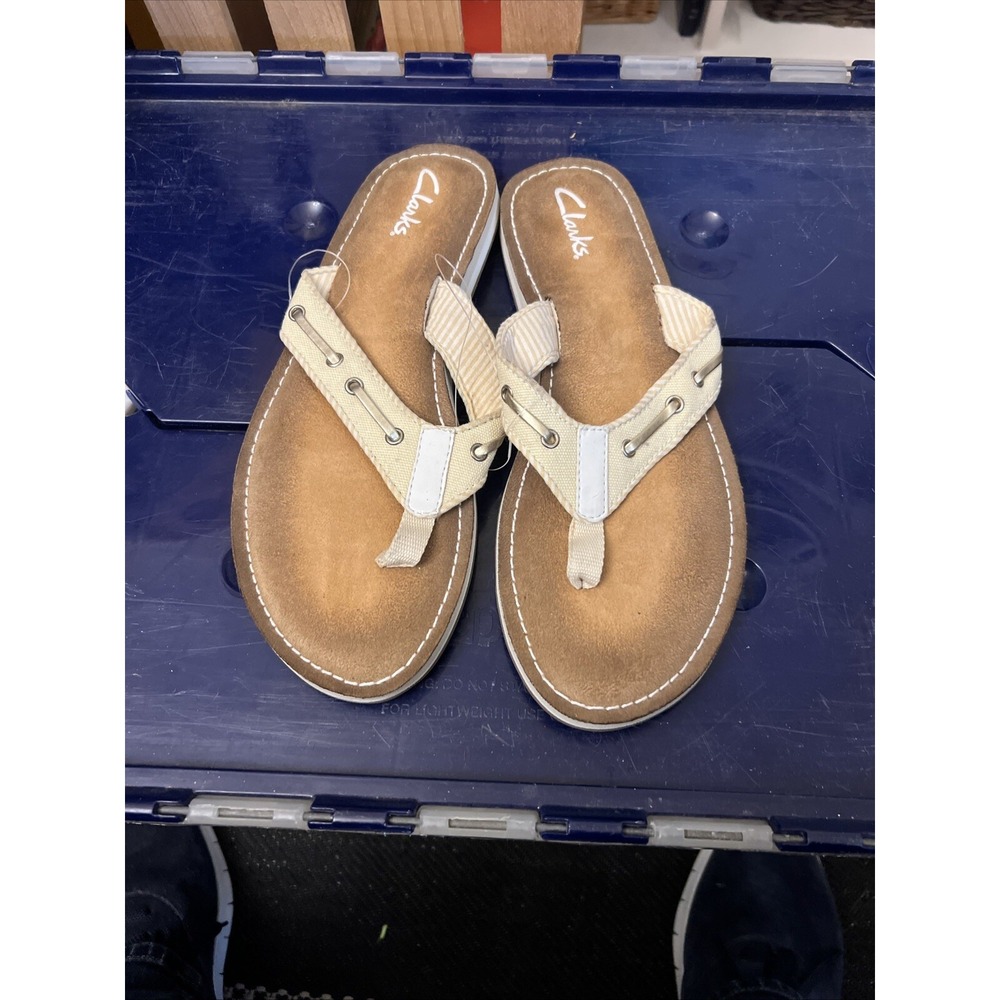 Clarks Cherrymore Women Cream Nautical Thong Sandals Flip Flops 26100083 Size 9M